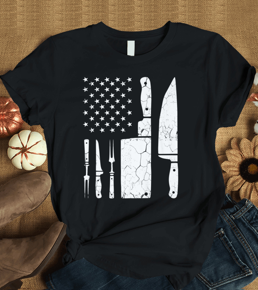 Cracked Vintage Knife Set American Flag Chef Cooking Concept T-Shirt
