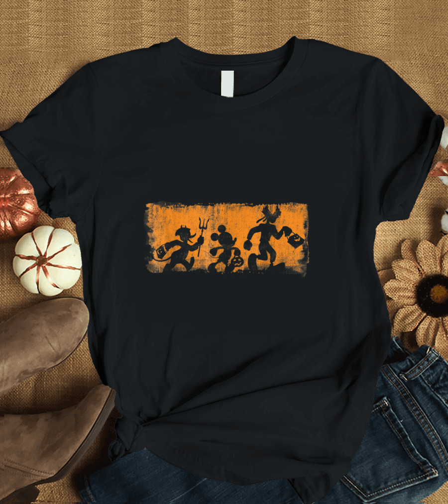 Mickey and Friends Halloween Silhouettes on Orange Background T-Shirt