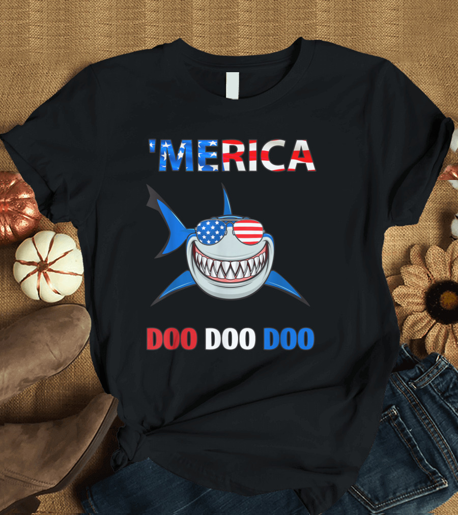 Merica Shark Wearing American Flag Sunglasses Doo Doo Doo 4th of July T-Shirt