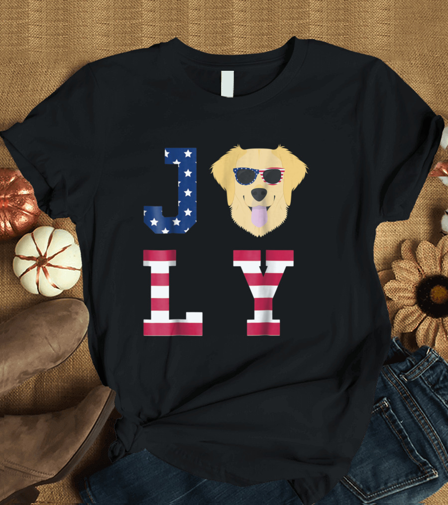 JOLY Golden Retriever with American Flag Sunglasses for 4th of July T-Shirt