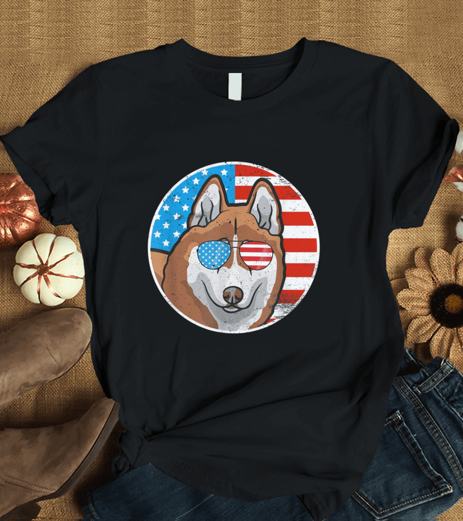 4th of July Akita Dog American Flag Sunglasses T-Shirt