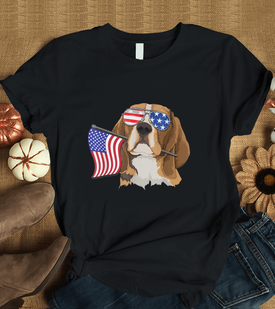 American Flag Beagle Dog with USA Sunglasses Celebrating 4th of July Love T-Shirt