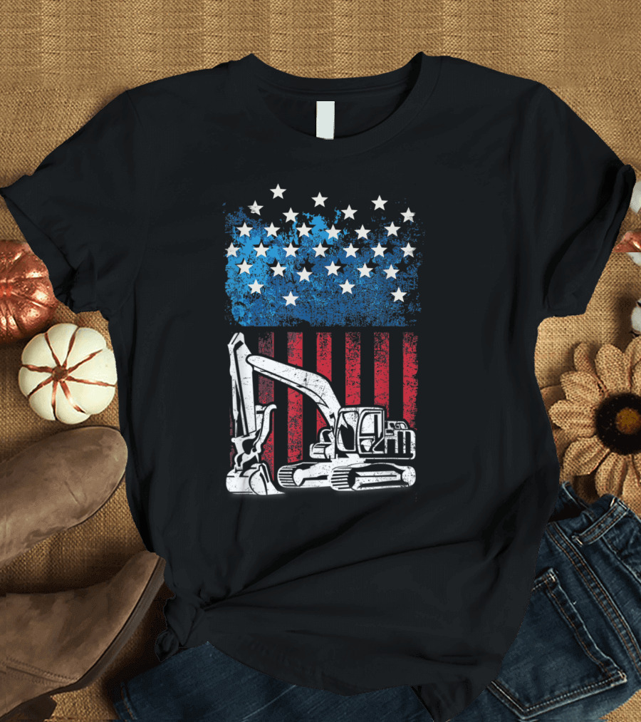 4th of July American Flag Construction Machine T-Shirt