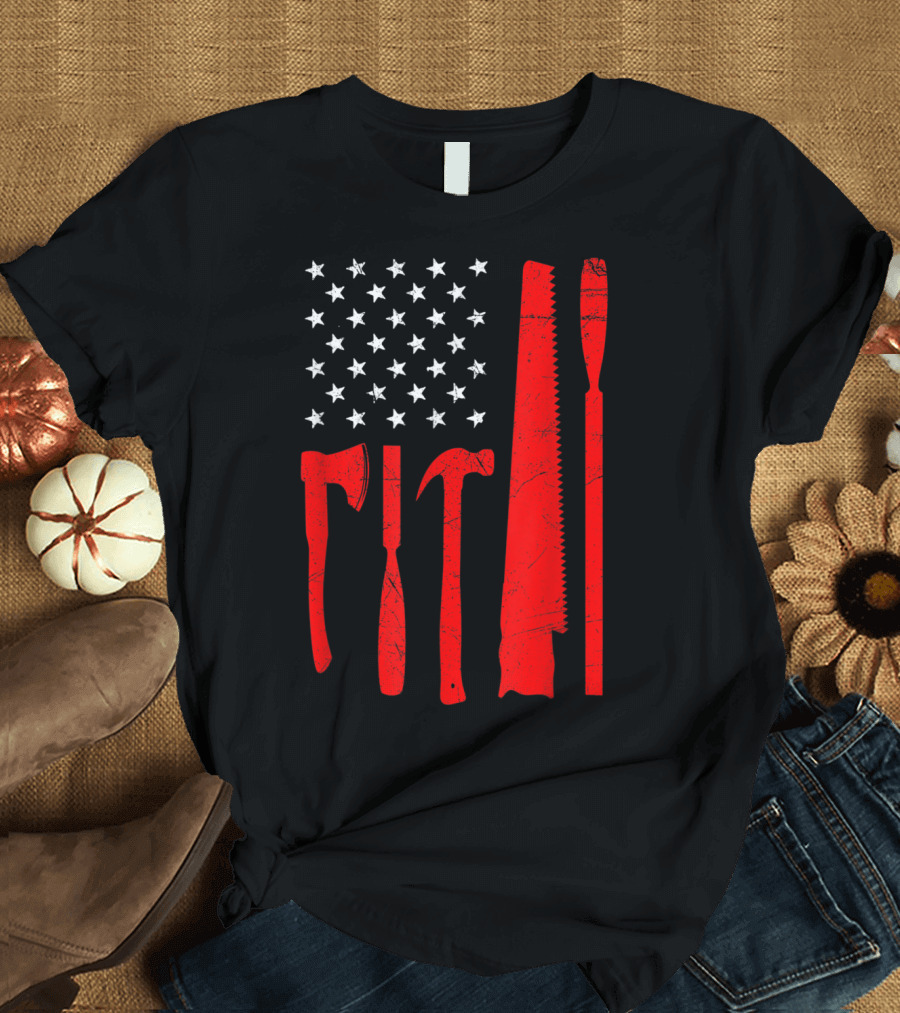 4th of July American Flag with Woodworking Tools T-Shirt
