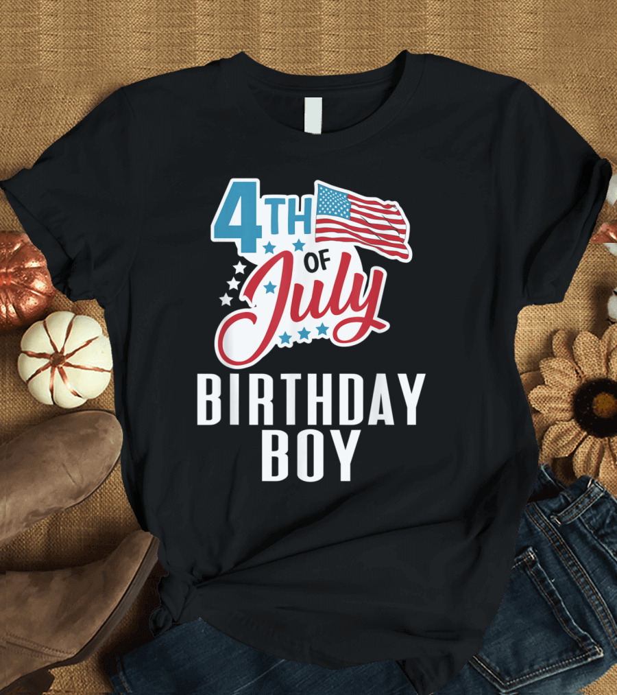 4th of July Birthday Boy with American Flag and Stars T-Shirt