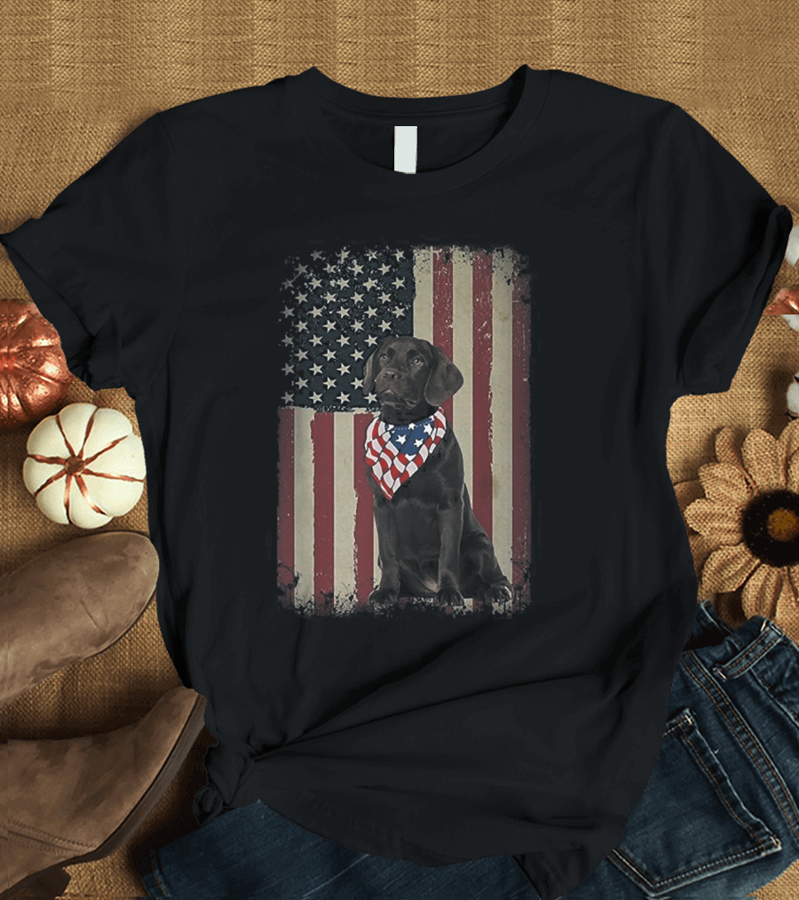 Black Lab Wearing American Flag Bandana in Front of Vintage 4th of July T-Shirt
