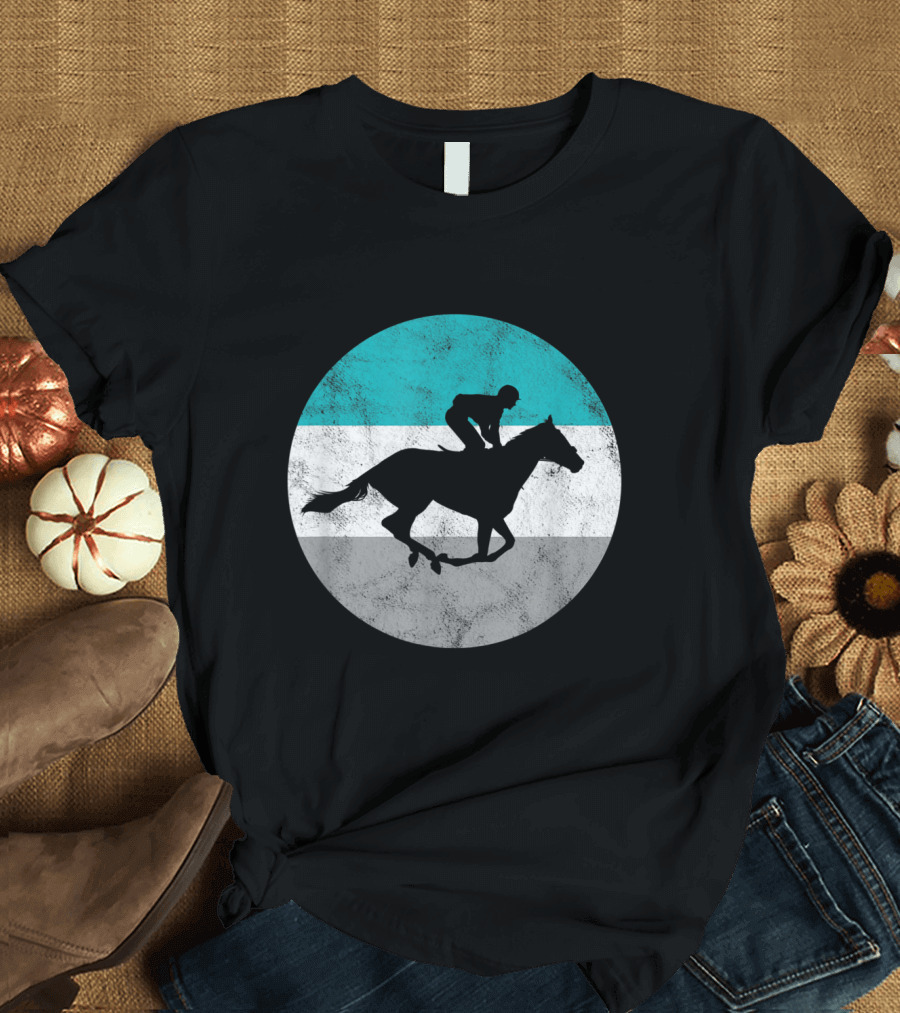 Jockey Silhouette on Horse Against Turquoise Grey White Stripes T-Shirt