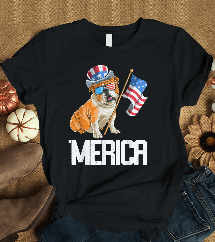 4th of July Bulldog Patriotic Merica Flag Hat Sunglasses T-Shirt