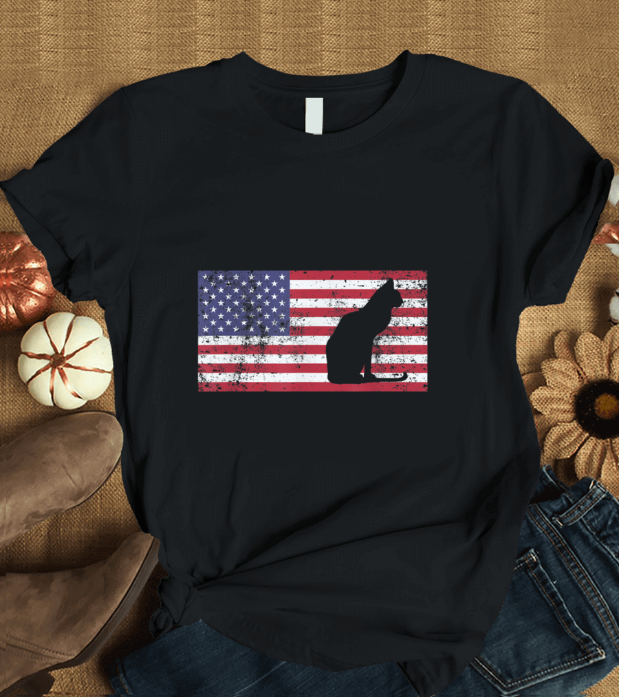 Cat Silhouette on Distressed American Flag for 4th of July Meowica T-Shirt