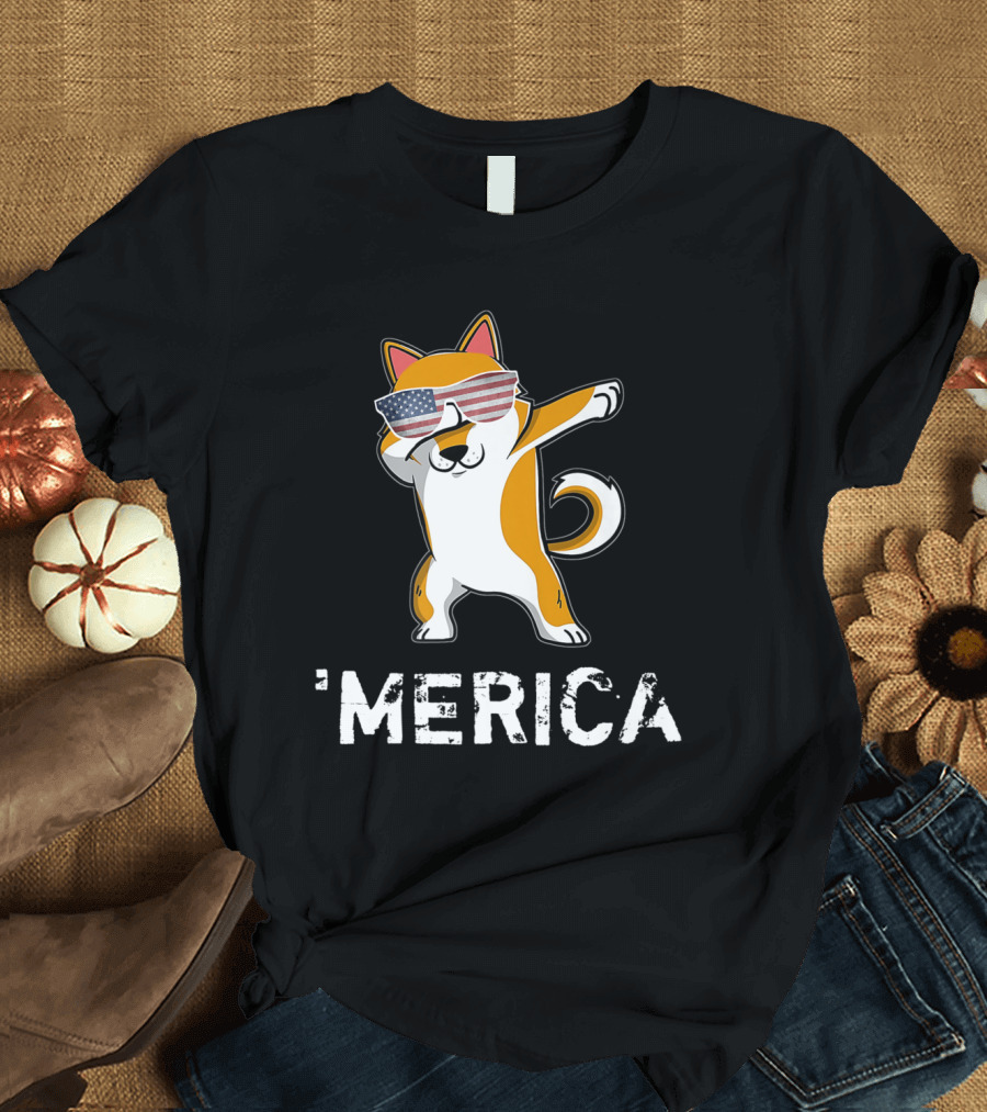 4th of July Dabbing Shiba Inu Akita Merica Patriotic Dog with American Flag Sunglasses T-Shirt
