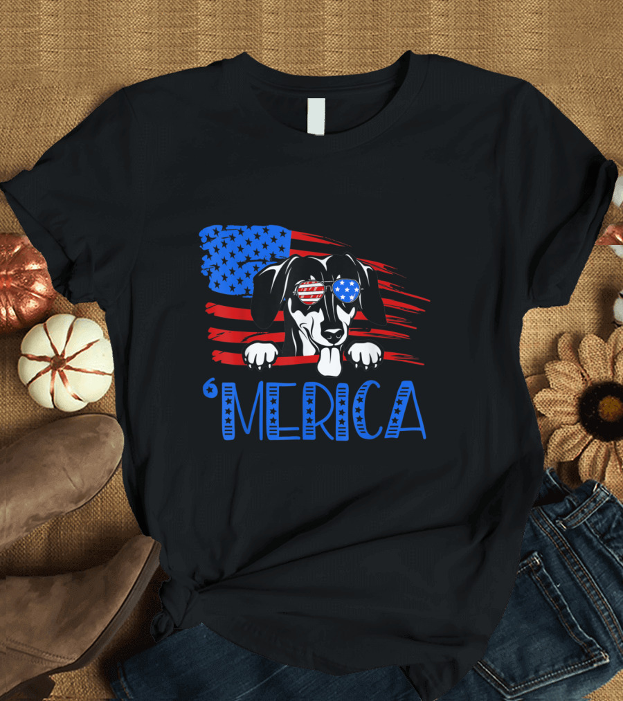 Merica Dachshund with American Flag Sunglasses 4th of July T-Shirt