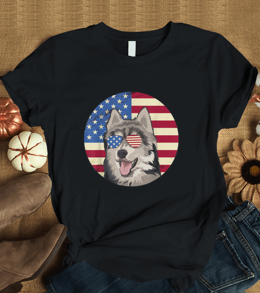 4th Of July Siberian Husky with American Flag Sunglasses T-Shirt