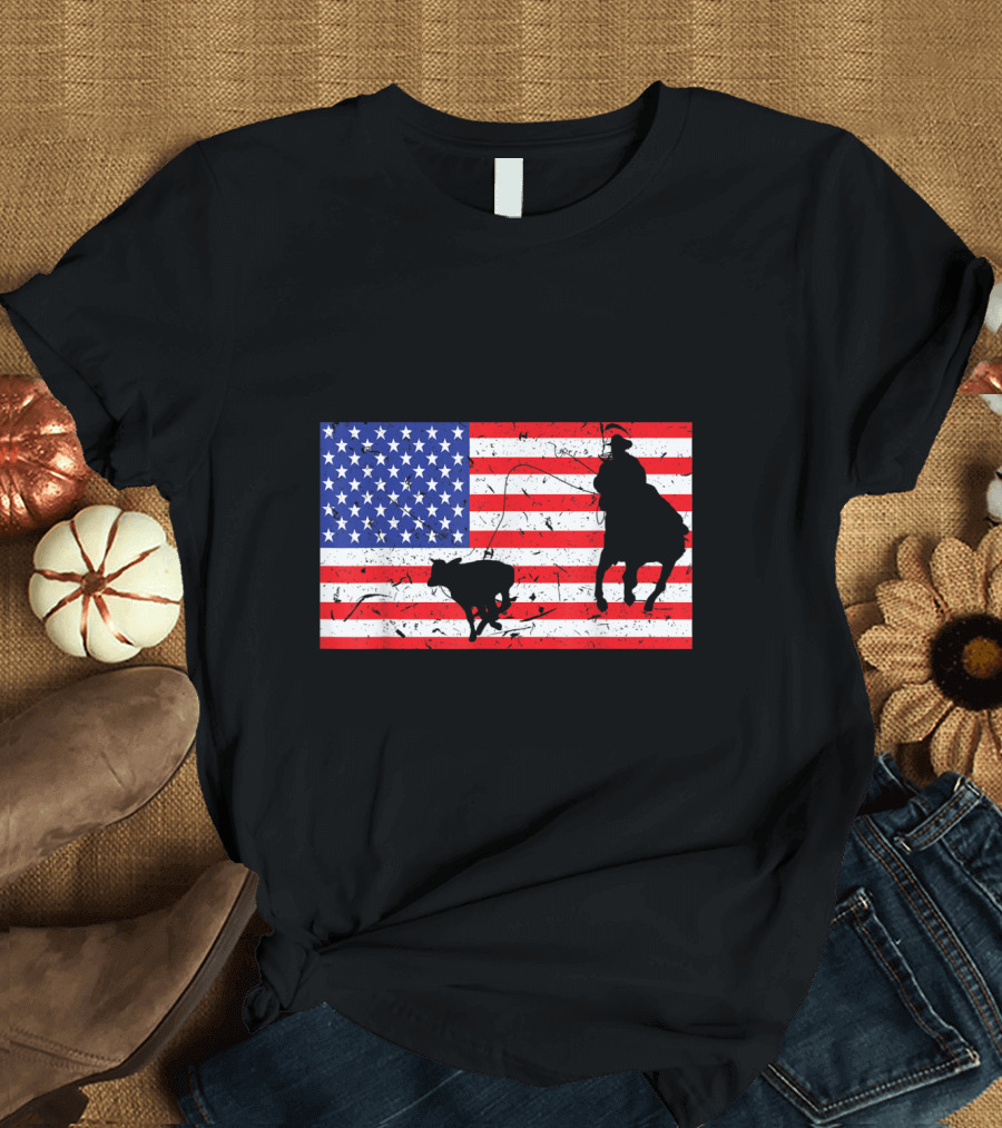 Distressed American Flag Silhouette of Roping Cowboy and Bull T-Shirt