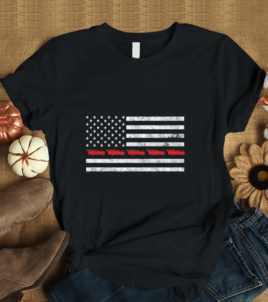Distressed Thin Red Line Fire Engine American Flag T-Shirt