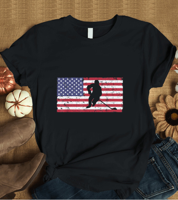 T-Shirt: Distressed American Flag with Hockey Player Silhouette USA T-Shirt Distressed American Flag with Hockey Player Silhouette USA T-Shirt
