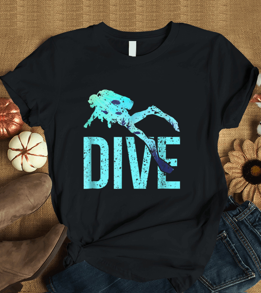 DIVE Scuba Diving Silhouette with Aqua Text and Diver T-Shirt