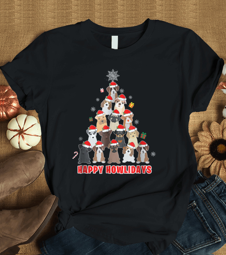 Happy Howlidays Dog Christmas Tree with Santa Hats and Gifts T-Shirt