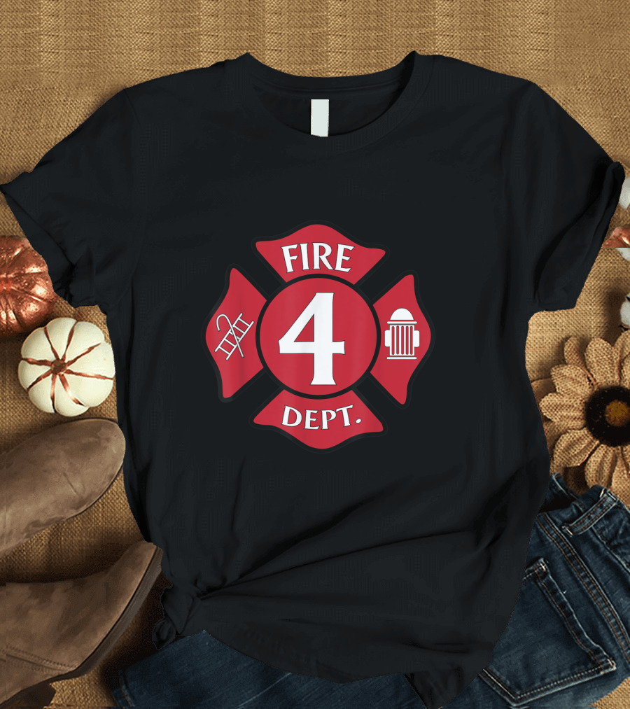 Fireman Birthday Boy 4 Fire Dept Badge Hydrant Ladder Emblem T-Shirt