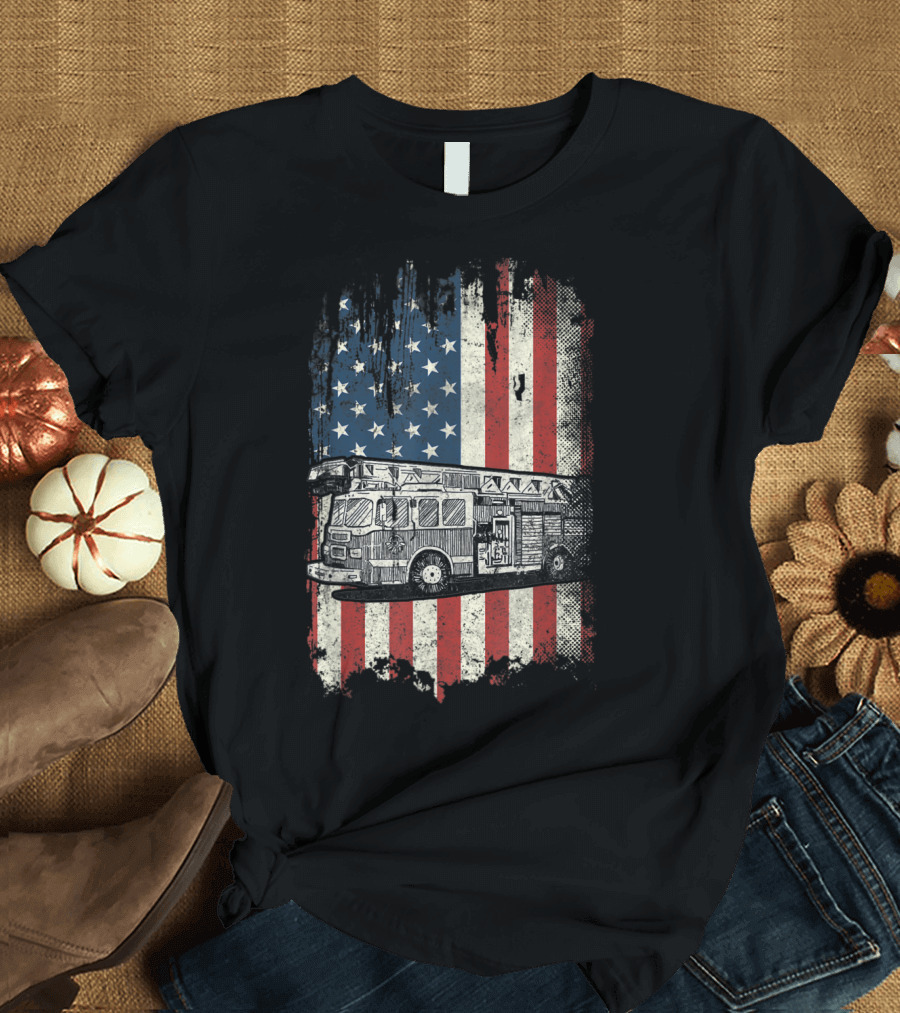 Firetruck Overlaid on Distressed American Flag with Stars and Stripes Background T-Shirt
