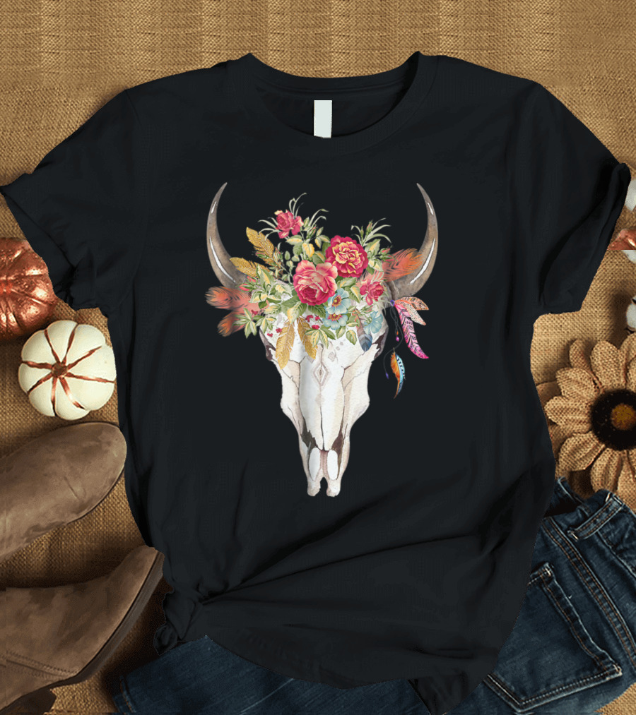 Hippie Boho Cow Skull with Floral Headdress and Feathers T-Shirt