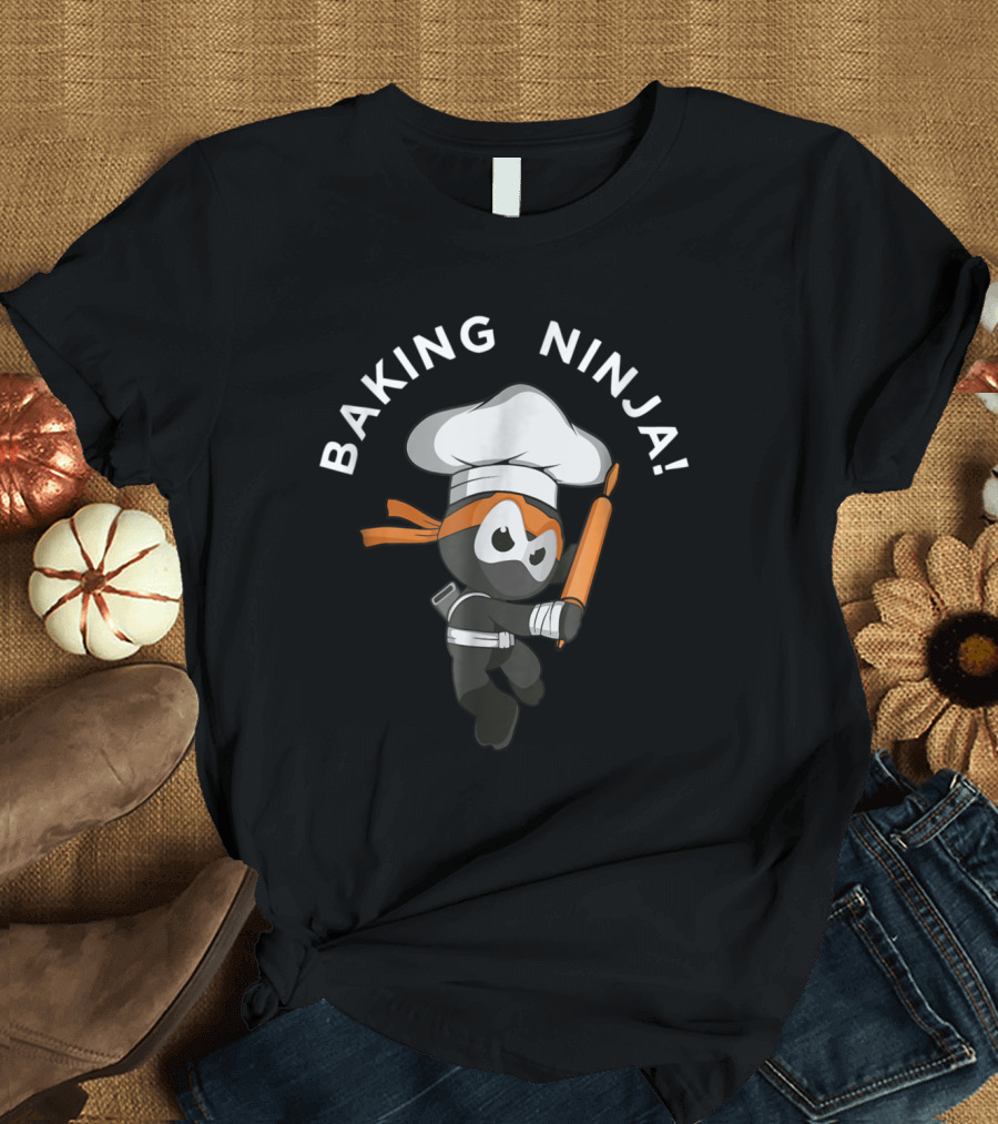 Baking Ninja Chef with Rolling Pin and Martial Arts Style Jump T-Shirt