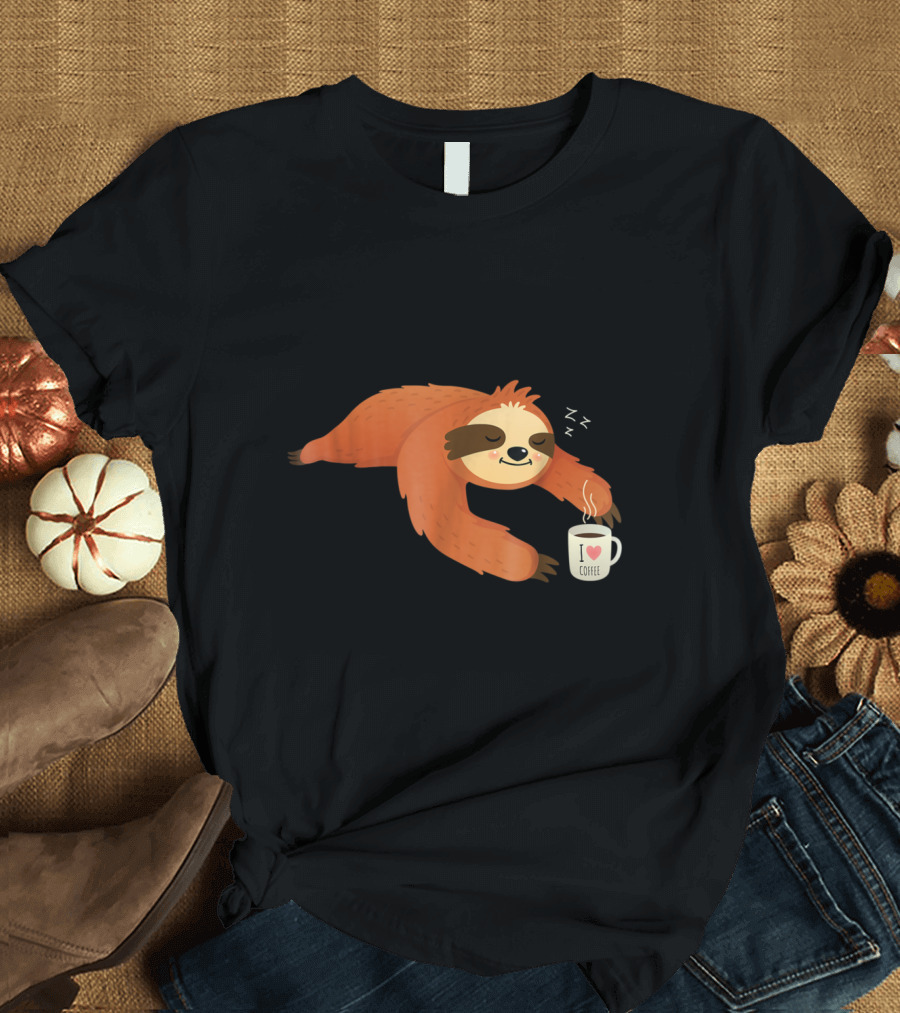 Adorable Sleeping Sloth with I Love Coffee Mug for Funny Mornings T-Shirt