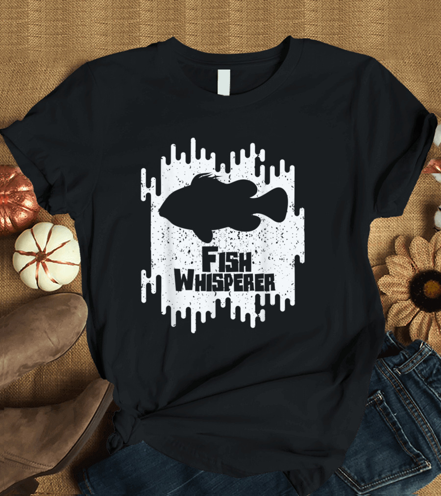 Fish Whisperer Silhouette in Bold Text with White Splatter Background T-Shirt