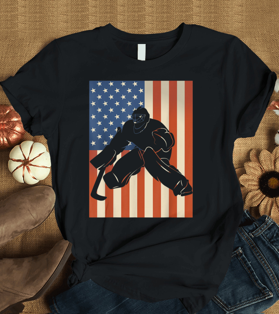 Hockey Goalie Silhouette with American Flag Background USA T-Shirt