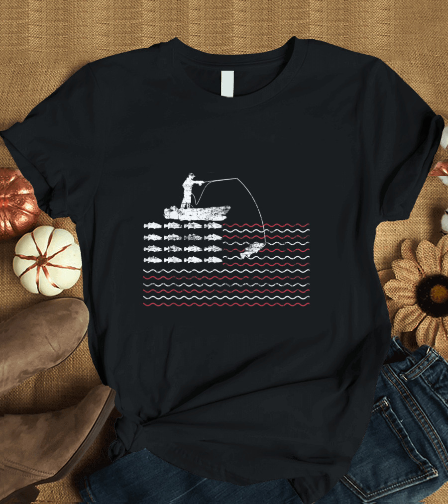 Fishing Boat American Flag Design with Fisher Catching Fish T-Shirt