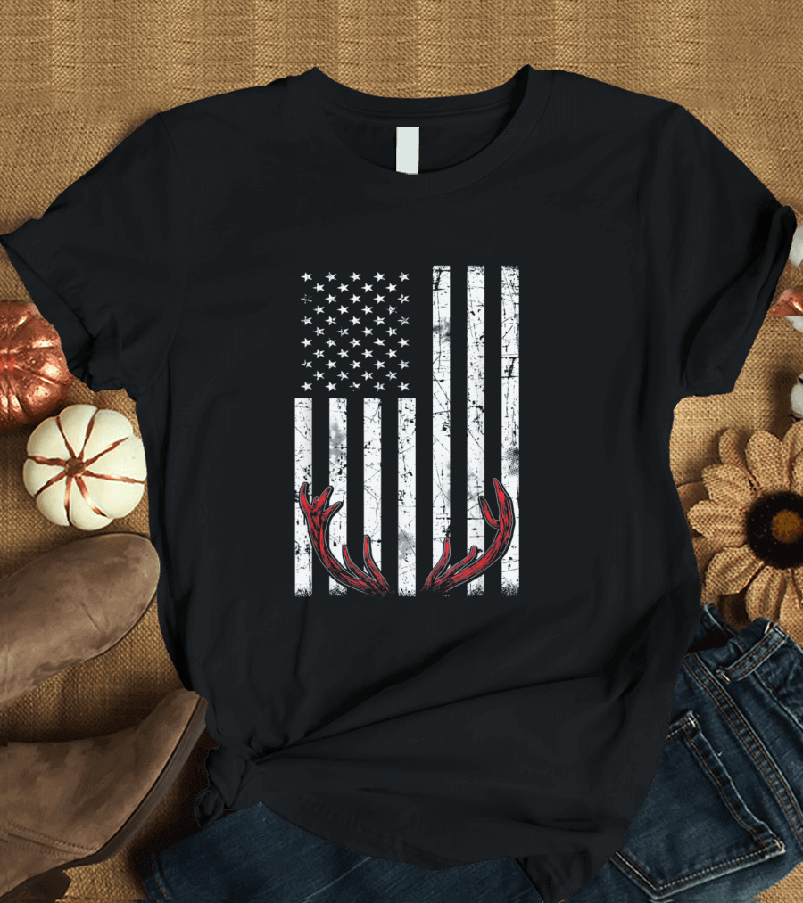 American Flag with Deer Antlers USA Hunting T-Shirt