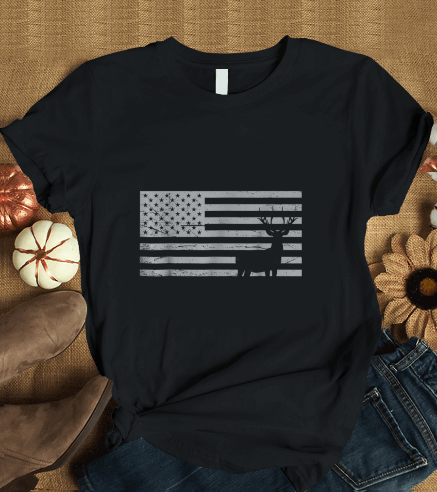 American Flag with Deer Silhouette Hunting T-Shirt
