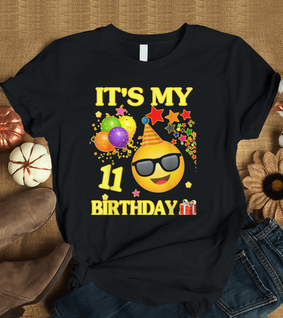 It's My 11 Birthday Emoji Balloons Party Hat Stars Gift T-Shirt