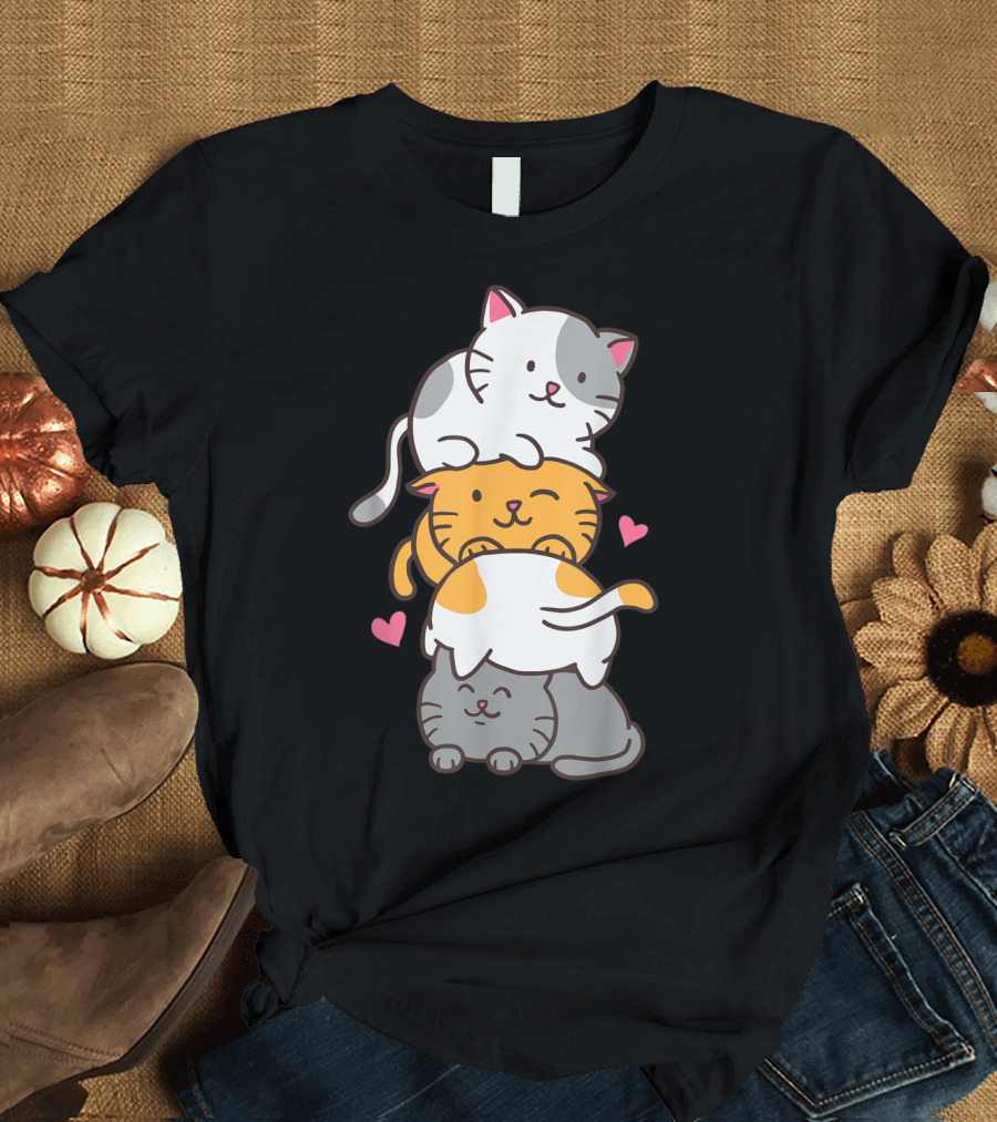 Cute Kitty Pile with Hearts Cat Cats Meowtain T-Shirt