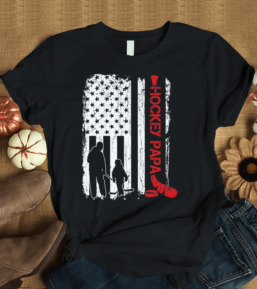 Patriotic Hockey Papa American Flag Silhouette with Stick and Puck T-Shirt