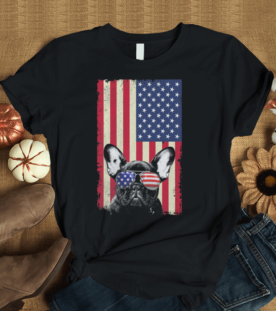 French Bulldog Wearing American Flag Sunglasses Vintage Independence Day USA Flag T-Shirt