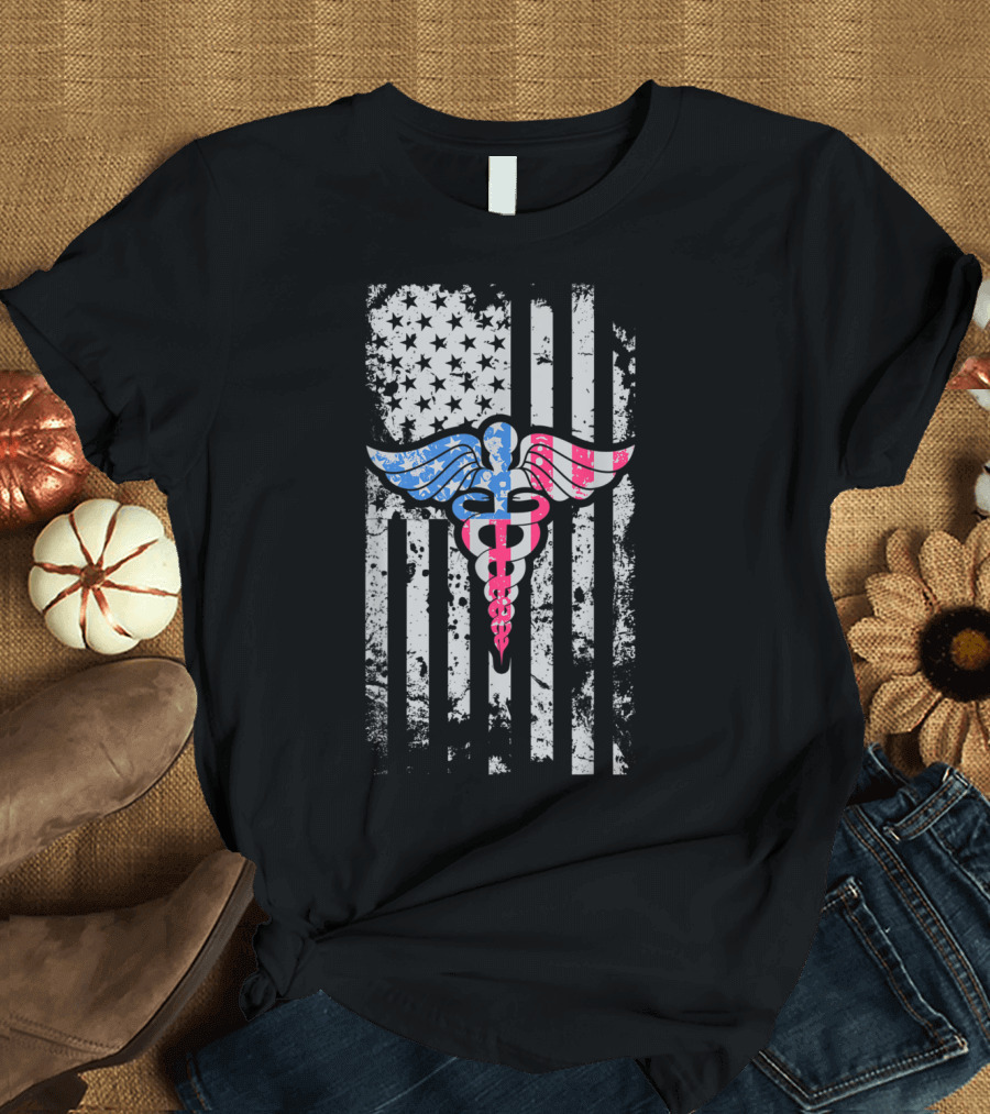 Patriotic 4th of July Nursing American Flag Caduceus T-Shirt