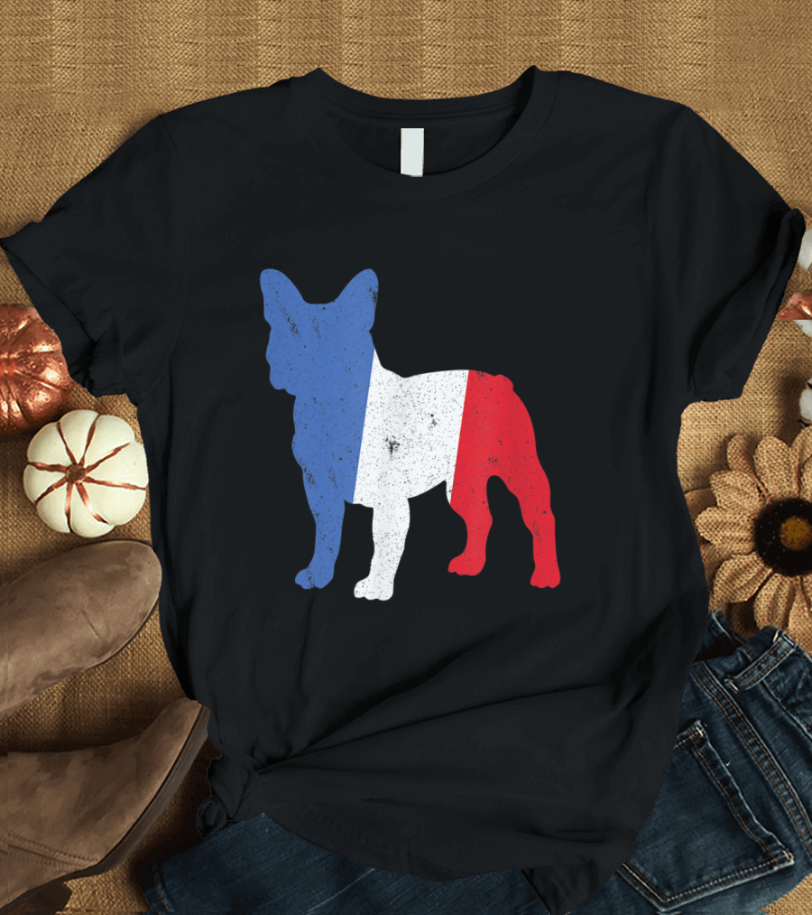 French Bulldog Silhouette in French Tricolor Flag T-Shirt