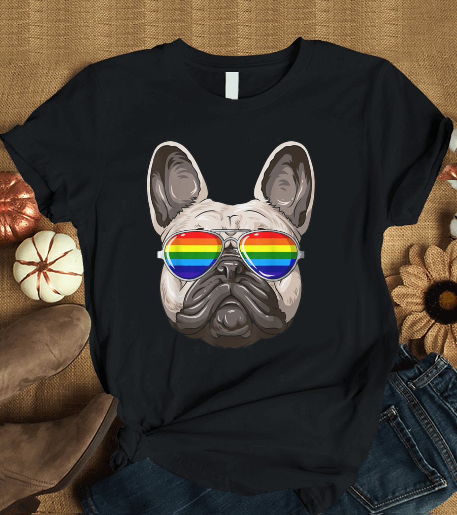 French Bulldog with Rainbow Pride Sunglasses Iconic Gay Pride Flag Elements T-Shirt