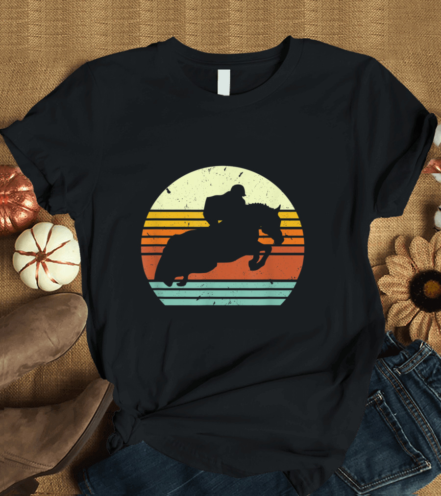 Retro Horse Show Jumping Silhouette with Striped Sunset Background T-Shirt