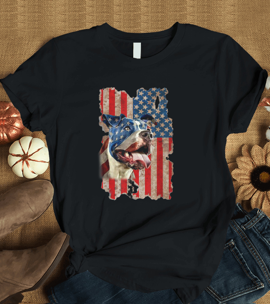 Patriotic 4th of July American Flag Pitbull Dog Lovers T-Shirt