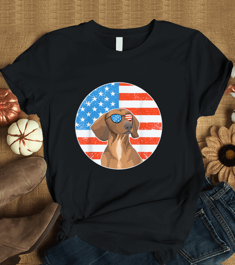 Dachshund Wearing American Flag Sunglasses with Stars and Stripes Circle Background T-Shirt