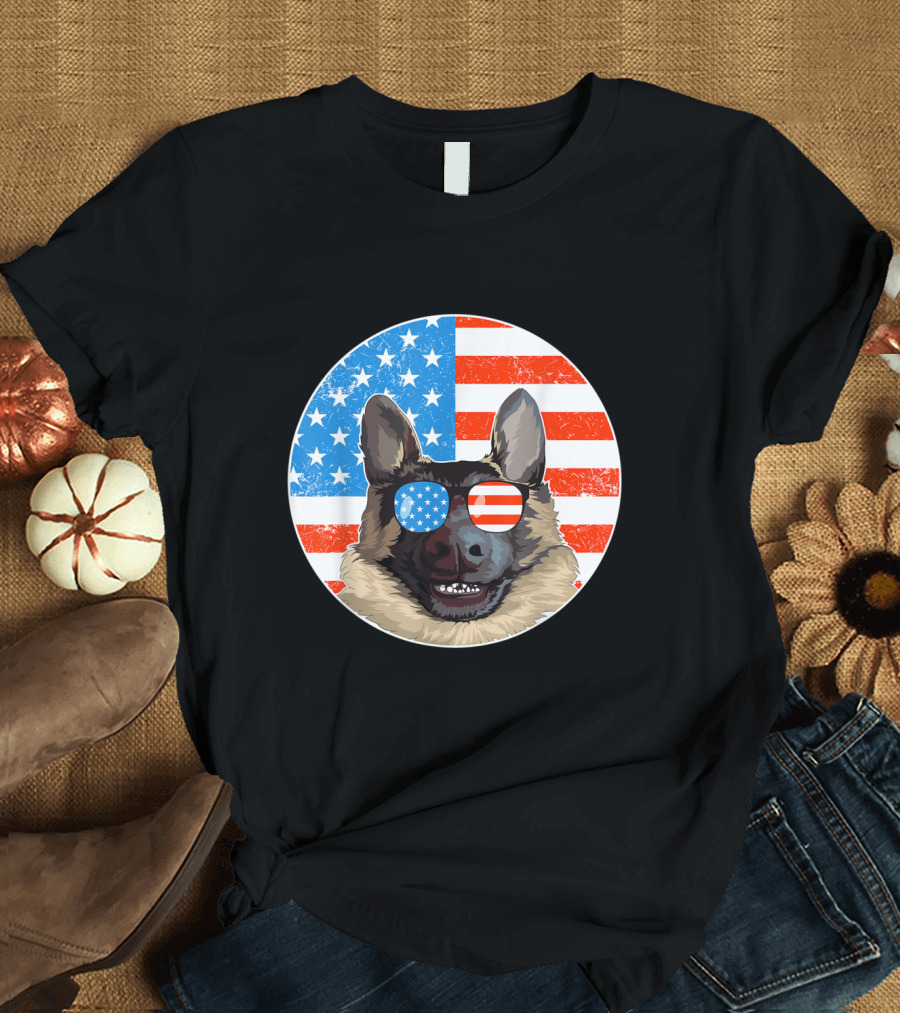 German Shepherd Dog with American Flag Sunglasses and Stars and Stripes Background T-Shirt