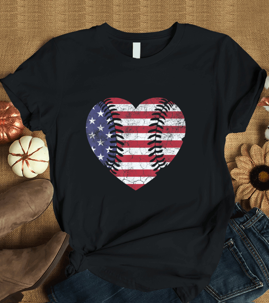 Heart-Shaped American Flag Baseball Stitching 4th of July T-Shirt