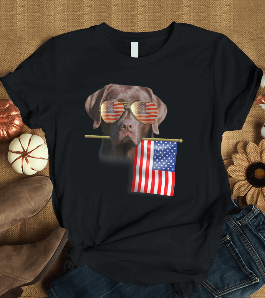 Dog with American Flag Sunglasses Holding Flag for 4th of July Fun T-Shirt