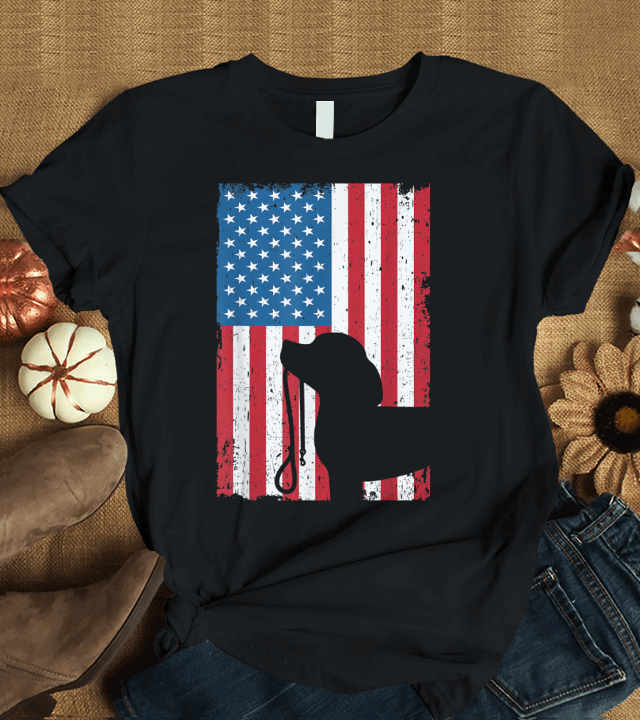 Beagle Silhouette with Leash and American Flag Patriotic T-Shirt