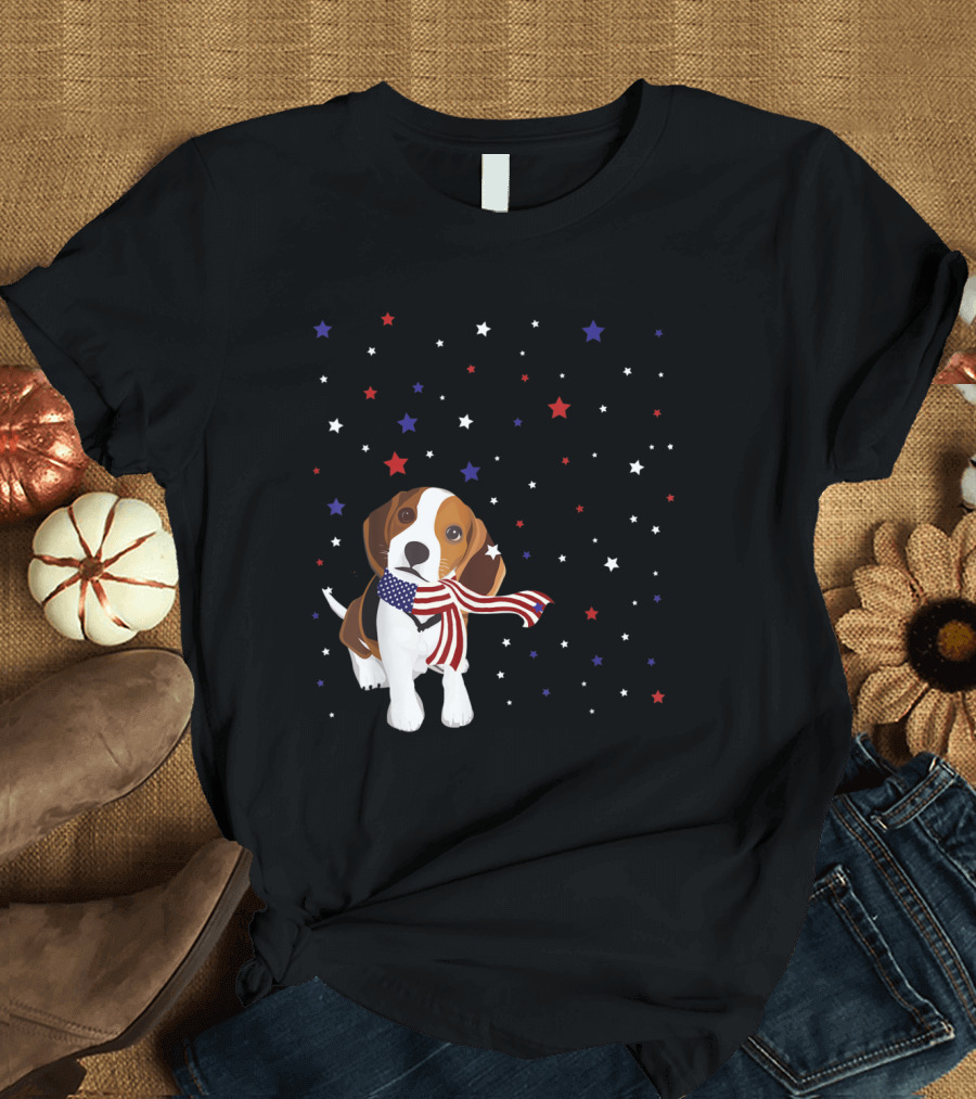 Beagle with American Flag Scarf and Patriotic Stars T-Shirt