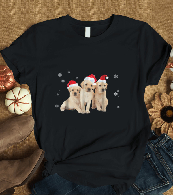 T-Shirt: Yellow Labrador Puppies in Santa Hats with Snowflakes T-Shirt Yellow Labrador Puppies in Santa Hats with Snowflakes T-Shirt