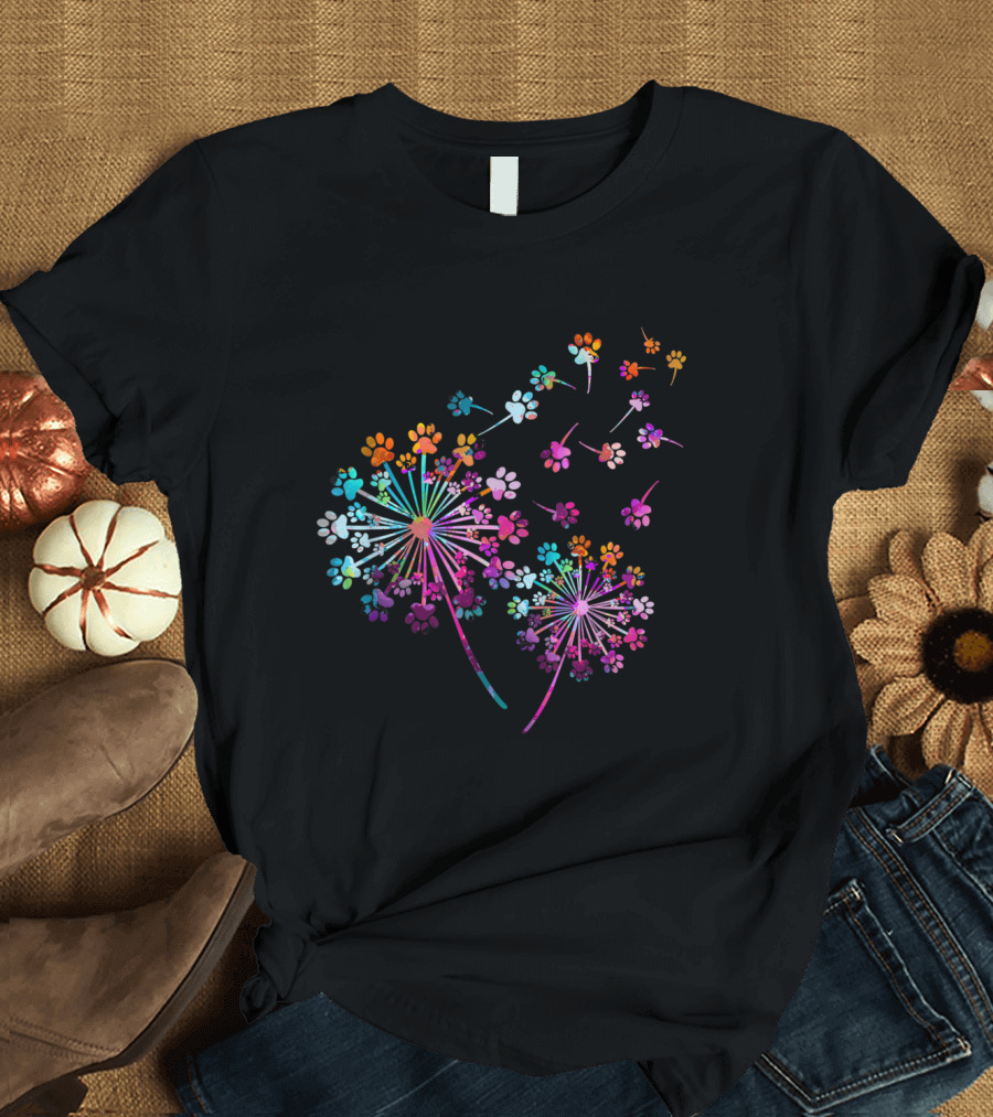 Colorful Dandelion Dog Paw Pattern with Vibrant Floral T-Shirt
