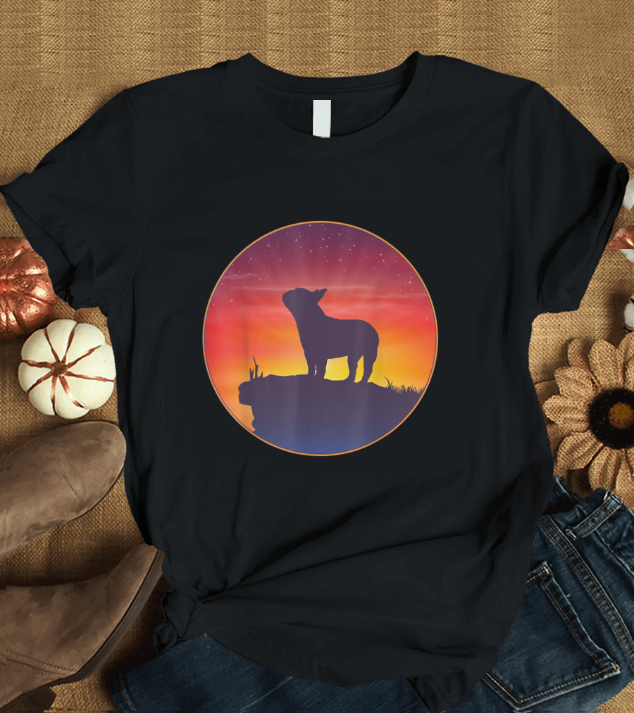 French Bulldog Kids Silhouette Against Sunset Sky with Stars T-Shirt