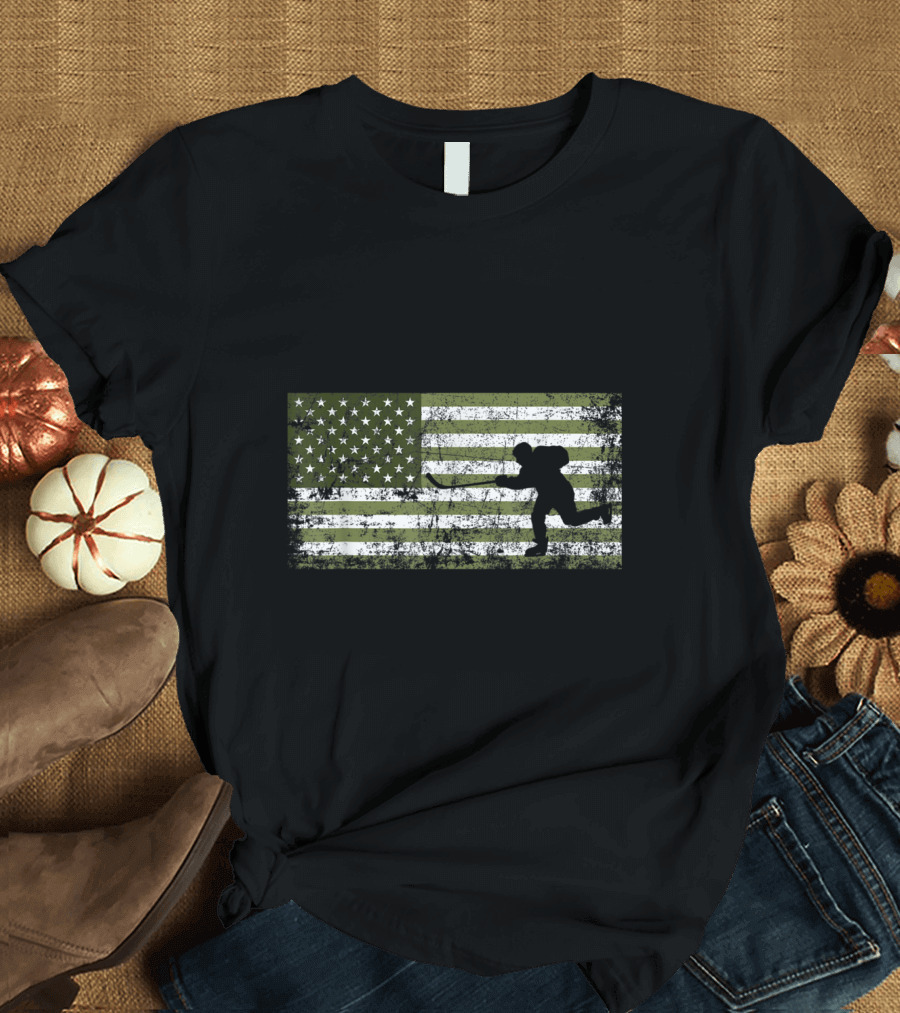 4th Of July Military Green American Flag Hockey T-Shirt